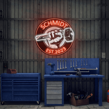 Personalisierbares Werkstatt Neonlicht mit Hammer Motiv