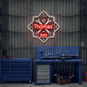 Personalisierbares Garage Neon Schild mit Werkzeug Motiv