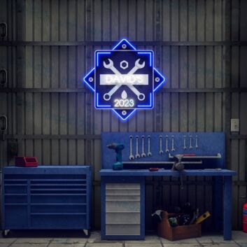 Personalisierbares Garage Neon Schild mit Werkzeug Motiv