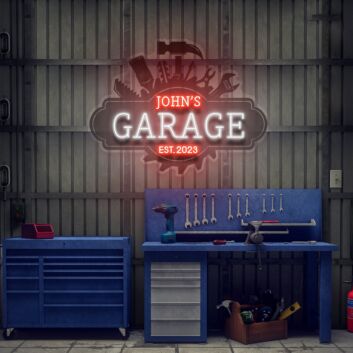 Personalisiertes Garage LED-Neonschild mit UV-Druck, Name, Werkzeug-Motiv & Jahreszahl