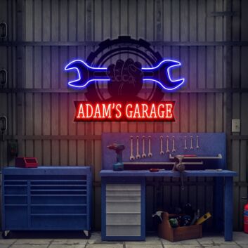 Personalisiertes Garagen-LED-Neonschild mit Namen und Werkzeugmotiv mit UV-Druck