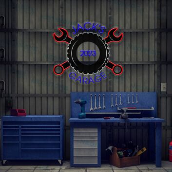 Personalisiertes Garage LED-Neonschild mit UV-Druck, Name, Werkzeug-Motiv & Jahreszahl