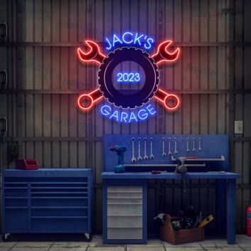 Personalisiertes Garage LED-Neonschild mit UV-Druck, Name, Werkzeug-Motiv & Jahreszahl