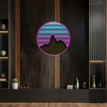 Bergsilhouette im Kreis LED-Neonschild mit UV-Druck für Wohnzimmer oder Büro