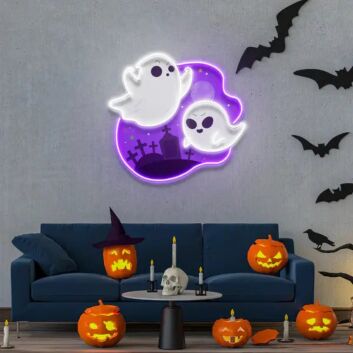 Geister vor dem Mond als LED-Neonschild mit UV-Druck für Halloween