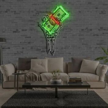 Skeletthand mit Geldscheinen LED-Neonschild