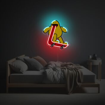 Comicfigur auf Skateboard LED-Neonschild mit UV-Druck für Schlafzimmer oder Jugendzimmer