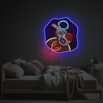 Dekoratives Neon LED Wandlicht mit Astronaut und Raketenmotiv fantasievolle Sci Fi Lichtdekoration für Gaming Zimmer Jugendzimmer oder moderne Wohnräume