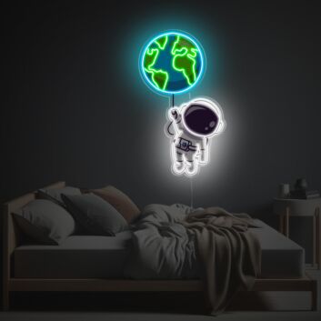 Neon LED Wandlicht mit Astronaut der die Erde hält moderne Lichtdekoration für Kinderzimmer Schlafzimmer oder ruhige Wohnräume