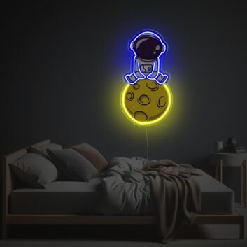 Neon LED Wanddekoration mit sitzendem Astronaut auf dem Mond ruhige Lichtkunst für Schlafzimmer Wohnzimmer oder moderne Wohnräume