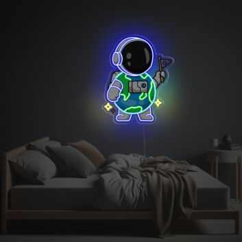 Neon LED Wanddekoration Astronaut mit Erde moderne Weltraum Lichtdeko für Kinderzimmer Schlafzimmer oder Jugendzimmer
