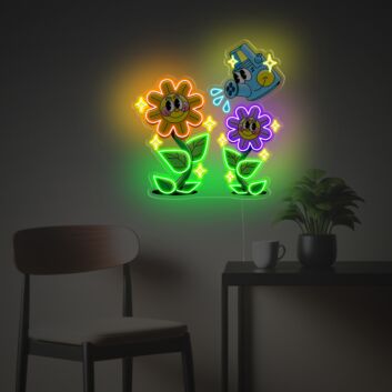 Bunte LED-Neonschild mit UV-Druck mit Blumenmotiv und Gießkanne verspielte Lichtdekoration für Kinderzimmer oder kreative Wohnräume