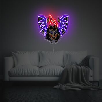 Neon LED Wanddekoration mit Dämonenmotiv und Flammen detailreiche Lichtkunst mit Flügeln für Schlafzimmer Wohnzimmer oder kreative Räume