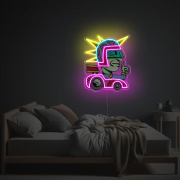 LED-Neonschild mit UV-Druck mit abstrakter Comic Figur im Fahrzeug farbenfrohes Lichtdesign für moderne Wohnräume