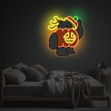 Neon LED Wanddekoration mit lustiger Bärenfigur und Kürbis Motiv herbstliche Halloween Lichtdekoration für Wohnräume