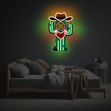 Abstrakter Kaktus LED-Neonschild mit UV-Druck mit Hut und Herz Motiv als dekoratives Wandlicht für Wohnzimmer Schlafzimmer und kreative Räume