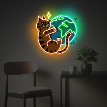 Cartoon Katze LED Neonschild mit Erde Motiv als dekoratives Wandlicht für Wohnzimmer Schlafzimmer und kreative Räume