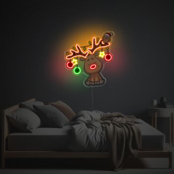 Niedliches Rentier LED-Neonschild mit UV-Druck mit Lichterkette als dekoratives Weihnachts Wandlicht für Wohnzimmer Schlafzimmer und Kinderzimmer