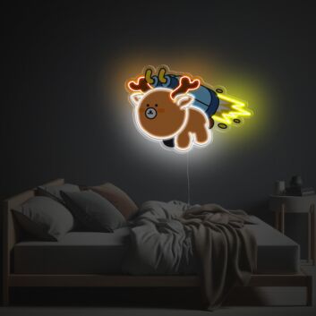 Rentier mit Raketenantrieb als LED-Neonschild mit UV-Druck