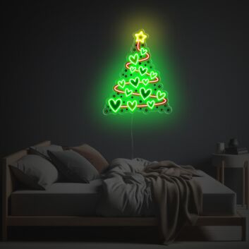 Abstrakter Weihnachtsbaum LED-Neonschild mit UV-Druck mit Herzmotiven und Stern als dekoratives Wandlicht für Wohnzimmer Schlafzimmer und festliche Räume