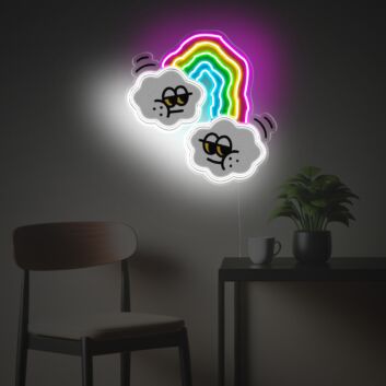 Verspielte Regenbogen LED Neonschild mit zwei Wolken als dekoratives Wandlicht für Kinderzimmer Schlafzimmer und kreative Wohnräume