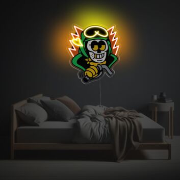 Cartoon Totenkopf LED-Neonschild mit UV-Druck mit Schutzbrille und Blitz Effekten als dekoratives Wandlicht für Gaming Zimmer moderne Wohnräume und kreative Bereiche