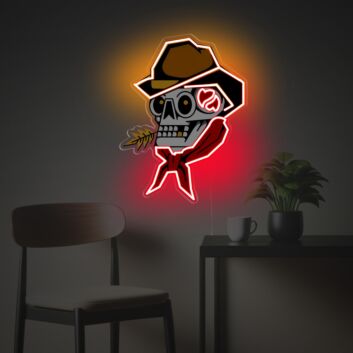 Cartoon Totenkopf LED Neonschild mit Hut und Schal als dekoratives Neon Wandlicht für moderne Wohnräume kreative Studios und stilvolle Innenbereiche