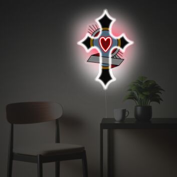 Dekoratives Kreuz LED-Neonschild mit UV-Druck mit Herzmotiv als stilvolle Neon Wanddekoration für moderne Wohnräume