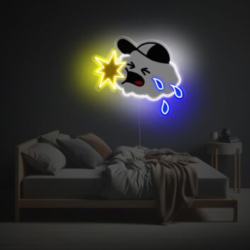 Verspieltes Cartoon Wolken LED-Neonschild mit UV-Druck mit Stern und Regentropfen als humorvolle Neon Wanddekoration für moderne Wohnräume