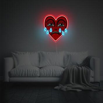 Ausdrucksstarkes Herz LED-Neonschild mit UV-Druck im Cartoon Stil mit Augen und Tropfen als moderne Neon Wanddekoration für kreative Wohnräume