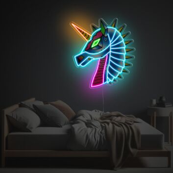 Futuristisches Einhorn LED-Neonschild mit UV-Druck im geometrischen Illustration Stil als moderne Neon Wanddekoration für kreative Wohnräume