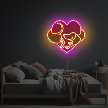 Herzförmiges Hunde LED Neonschild mit liebevollem Motiv als warme Neon Wanddekoration für Schlafzimmer und Wohnräume
