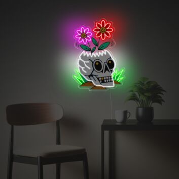 Künstlerisches Totenkopf LED Neonschild mit Blumenmotiv im modernen Illustration Stil als dekorative Neon Wanddekoration
