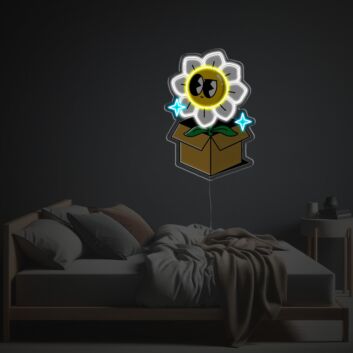 Verspieltes LED-Neonschild mit UV-Druck mit Blume aus Geschenkbox im modernen Illustration Stil als dekorative Neon Wanddekoration