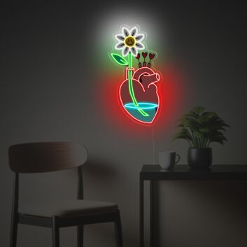 Modernes LED Neonschild mit anatomischem Herz und Blume im Illustration Stil als dekorative Neon Wandbeleuchtung