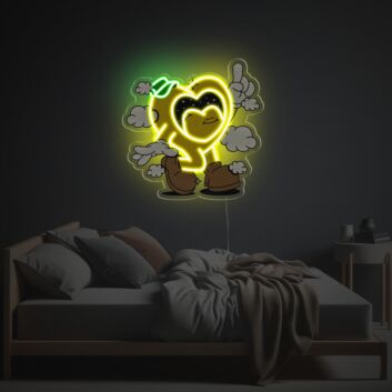 Modernes LED Neonschild mit Cartoon Herzfigur und Handzeichen im Illustration Stil als dekorative Neon Wandbeleuchtung
