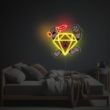 Modernes LED-Neonschild mit UV-Druck mit Cartoon Diamantfigur und Schwert im Illustration Stil als kreative Neon Wandbeleuchtung