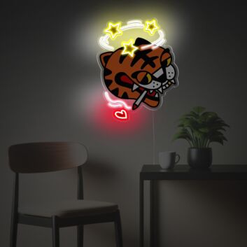 Verspieltes LED-Neonschild mit UV-Druck mit Cartoon Tiger Kopf, Sternen und Herz im modernen Illustration Stil als kreative Wandbeleuchtung