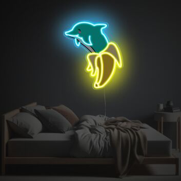 Verspieltes LED Neonschild mit Cartoon Delfin und Banane im modernen Illustration Stil als kreative Neon Wandbeleuchtung