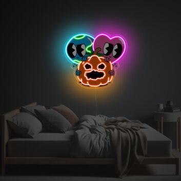 Verspieltes LED Neonschild mit zwei Cartoon Herzen und leuchtendem Kürbis im Halloween Design als Neon Wanddekoration