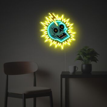 Ausdrucksstarkes LED Neonschild mit Blitz Totenkopf Motiv als moderne Wanddekoration