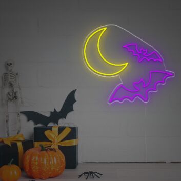 Dekoratives LED Neonschild mit Mond und Fledermäusen als stimmungsvolle Halloween Wandbeleuchtung