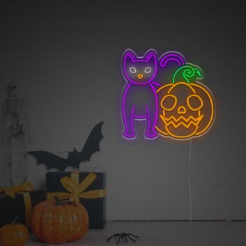 Halloween LED Neonschild mit schwarzer Katze und Kürbis Wanddekoration