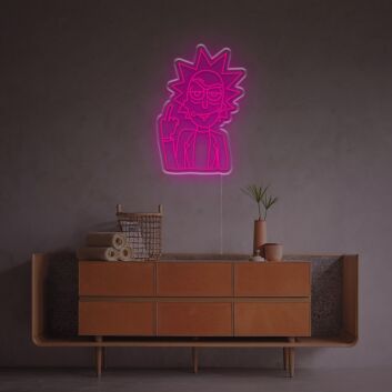 Abstraktes Cartoon Wissenschaftler LED Neonschild mit Markantem Stachelhaar und Provokanter Geste als Moderne Wanddekoration für Gaming Zimmer Man Cave oder Home Bar