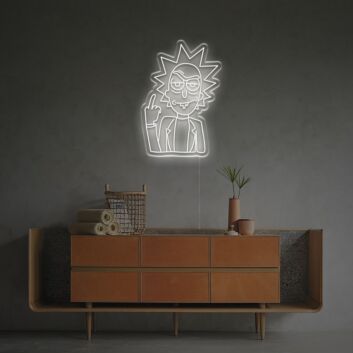 Abstraktes Cartoon Wissenschaftler LED Neonschild mit Markantem Stachelhaar und Provokanter Geste als Moderne Wanddekoration für Gaming Zimmer Man Cave oder Home Bar