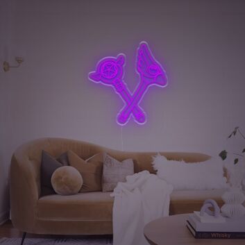 Abstraktes Symbol LED Neonschild mit Gekreuzten Magischen Stäben im Mystischen Linien Stil als Moderne Wanddekoration für Wohnzimmer Kreativraum Gaming Zimmer oder Man Cave
