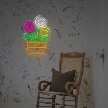 Bunte Blumen im Topf LED-Neonschild moderne Neon Wanddekoration für Wohnzimmer Schlafzimmer oder Café