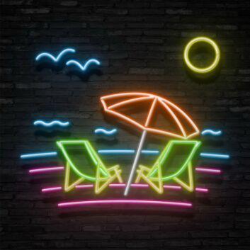 Strand mit Sonnenliegen und Sonnenschirm LED-Neonschild für Wohnzimmer Bar