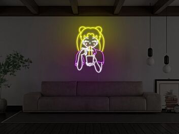 Anime-Mädchen mit Nudeln als LED-Neonschild