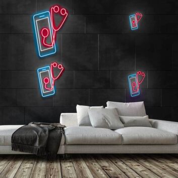 Smartphone mit Stethoskop LED-Neonschild für Arztpraxis und Telemedizin